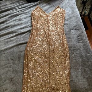 Fashion Nova Shimmering Gold Sequin Midi Dress